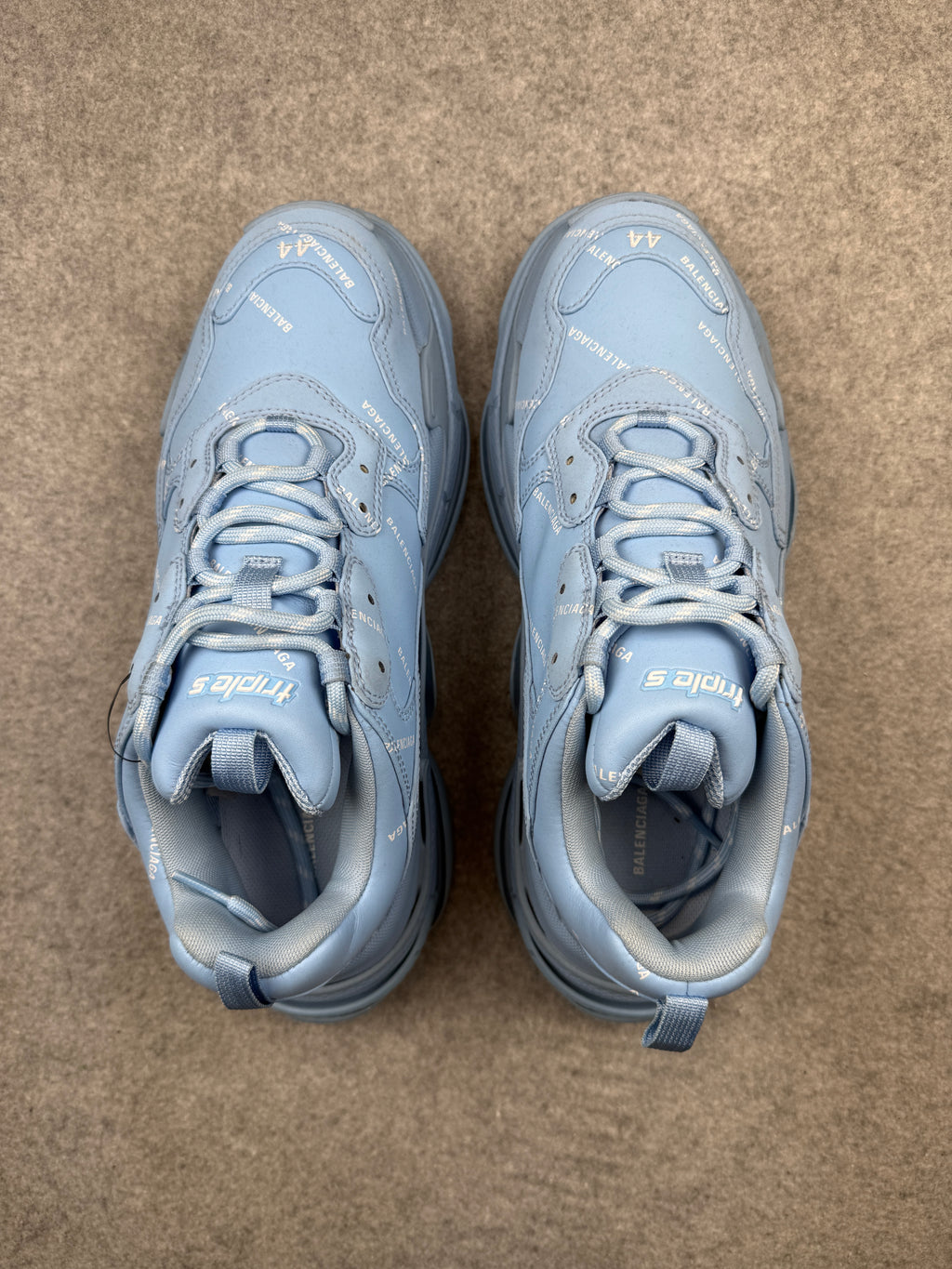 Balenciaga Triple S Logo Print Foam And Mesh Sneakers Light Blue (USED)
