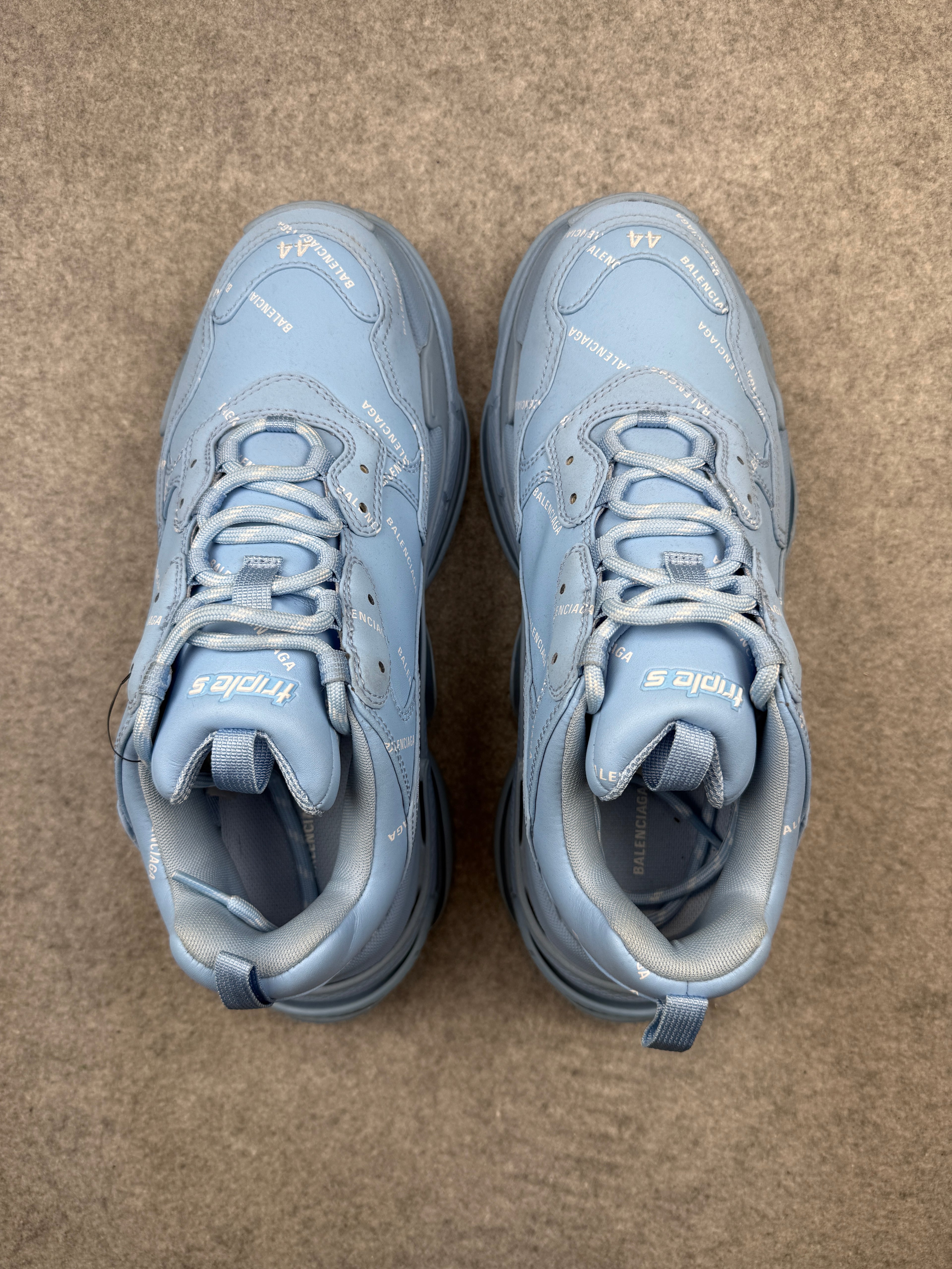 Balenciaga Triple S Logo Print Foam And Mesh Sneakers Light Blue (USED)