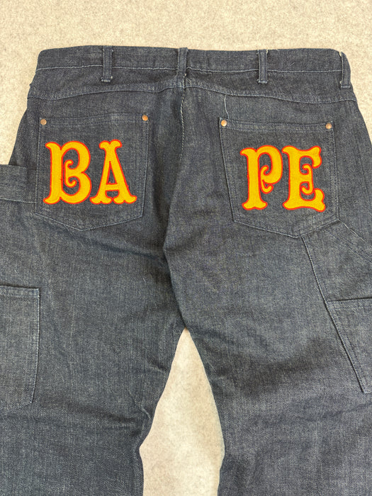 BAPE Embroidered Spell Out Double Knee Denim Jeans (USED) | Vitnage Clothing Store Canada