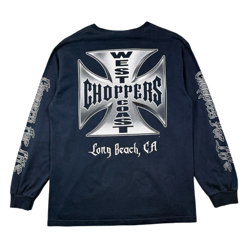 Vintage West Coast Choppers Script Sleeve Cross Logo L/S Tee Navy | Vintage Clothing Store Canada