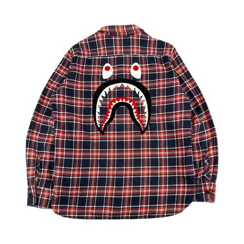 BAPE Shark Flannel Button Up L/S Burgundy (USED) | Vintage Clothing Store Canada