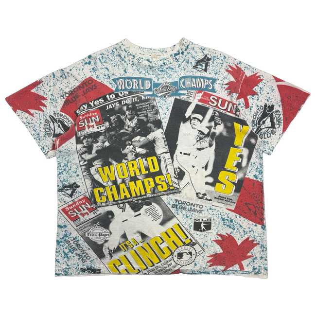 Vintage 1992 Toronto Blue Jays Newspaper AOP Tee