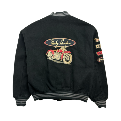 (L) Vintage Harley Davidson Motor Cycle Varsity Jacket Black | Vintage Clothing Store Canada