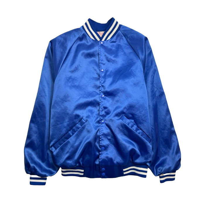 (M) Vintage Satin Varsity Straight ‘N’ Narrow Bowling Jacket Blue | Vitnage Clothing Store Canada