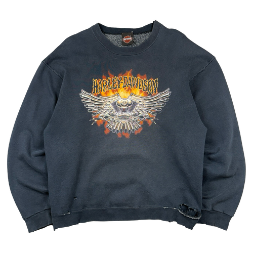Vintage Harley Davidson Flame Spell Out Distressed Sweatshirt Black | Vintage Clothing Store Canada