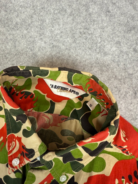 BAPE Fire Ape Head Camo Button Up Tee Green/Red (USED) | Vitnage Clothing Store Canada
