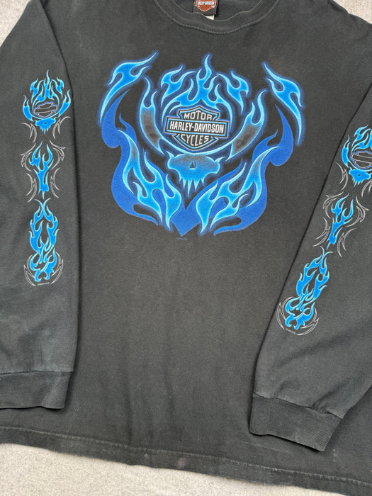 Vintage Harley Davidson Blue Flame Sleeve L/S Tee Black | Vitnage Clothing Store Canada