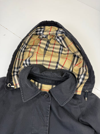 Vintage Burberry Check Lining Hooded Coat Black