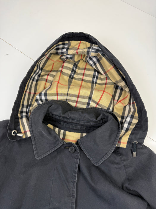 Vintage Burberry Check Lining Hooded Coat Black | Vitnage Clothing Store Canada