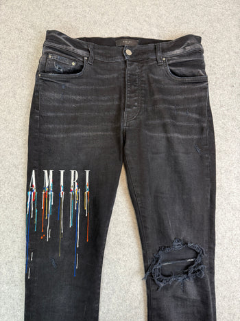 AMIRI Embroidered Paint Drip Core Logo Distressed Skinny Jeans Black (USED)