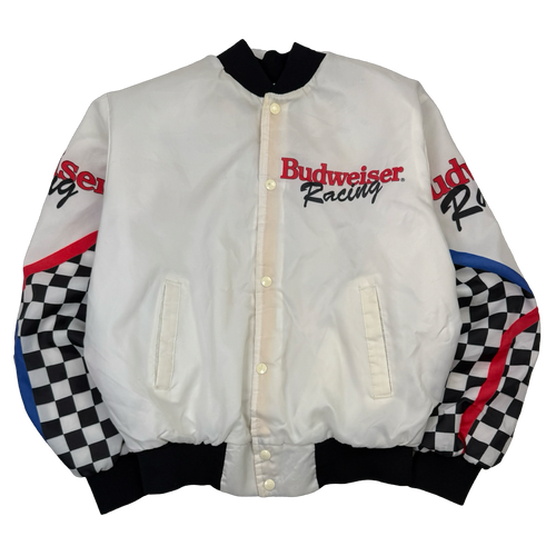 Vintage 90s Budweiser Racing Satin Bomber Jacket White | Vintage Clothing Store Canada