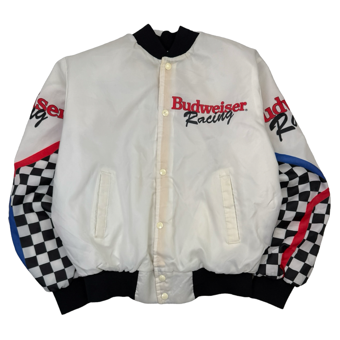 Vintage 90s Budweiser Racing Satin Bomber Jacket White | Vitnage Clothing Store Canada