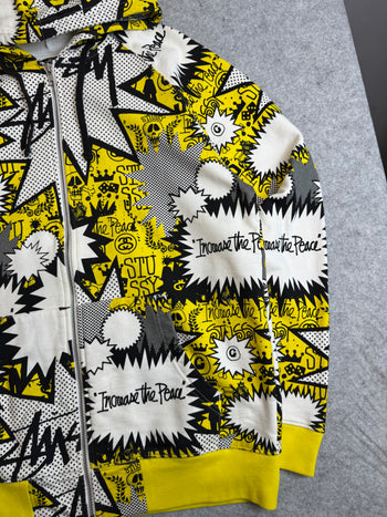 Stussy Vintage Comic AOP Zip Up Sweater White/Yellow (USED)