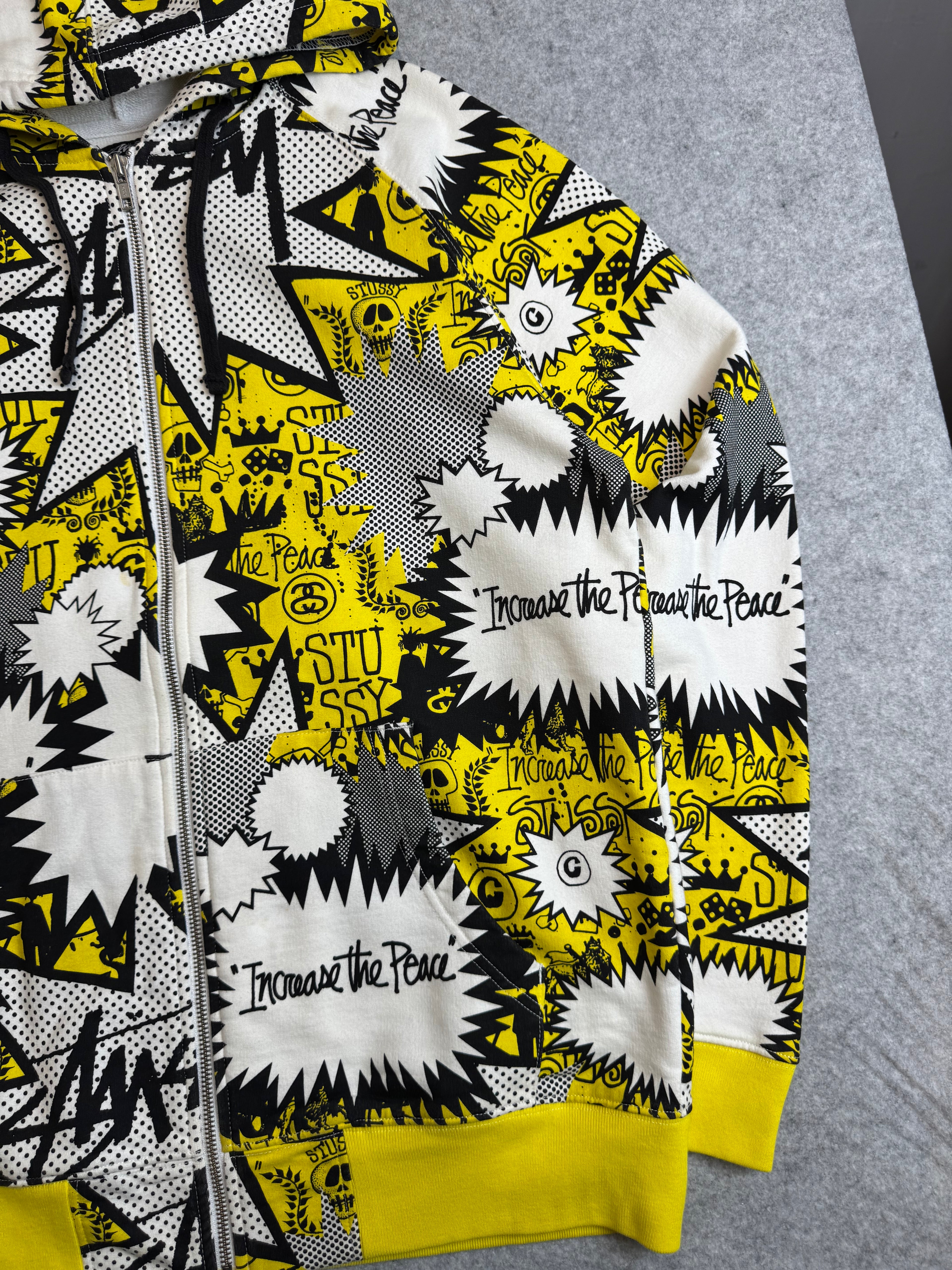 Stussy Vintage Comic AOP Zip Up Sweater White/Yellow (USED)