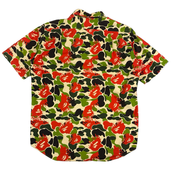 BAPE Fire Ape Head Camo Button Up Tee Green/Red (USED)