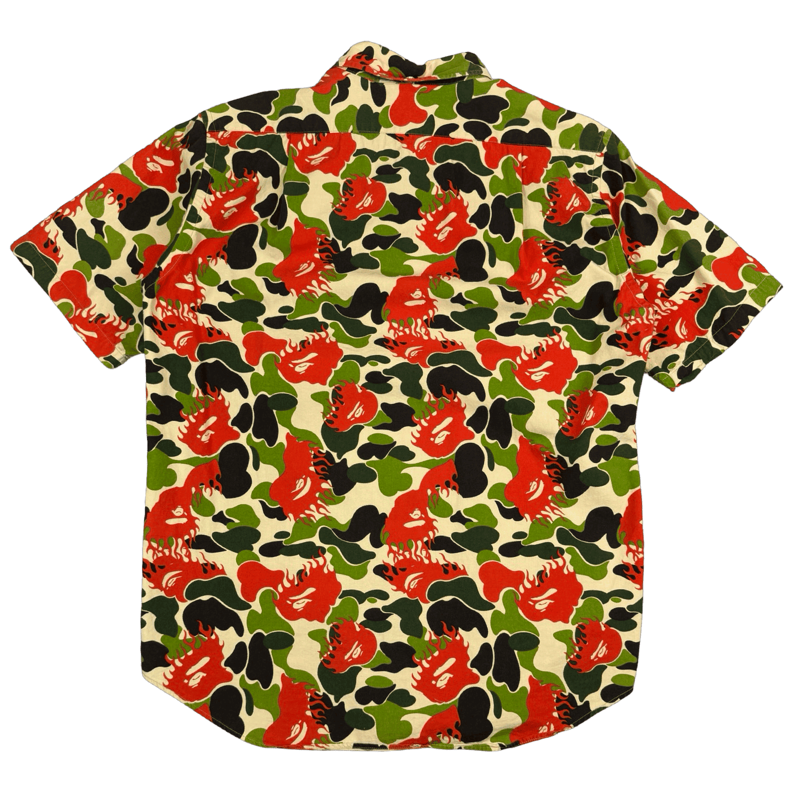 BAPE Fire Ape Head Camo Button Up Tee Green/Red (USED)