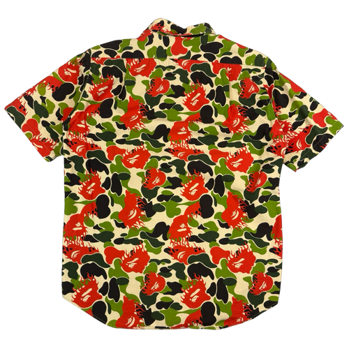BAPE Fire Ape Head Camo Button Up Tee Green/Red (USED) | Vintage Clothing Store Canada