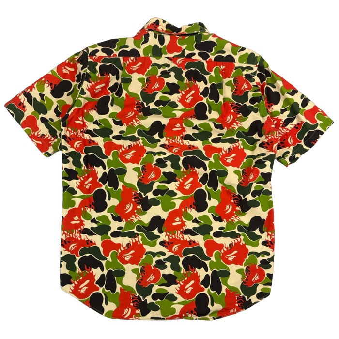 BAPE Fire Ape Head Camo Button Up Tee Green/Red (USED) | Vitnage Clothing Store Canada