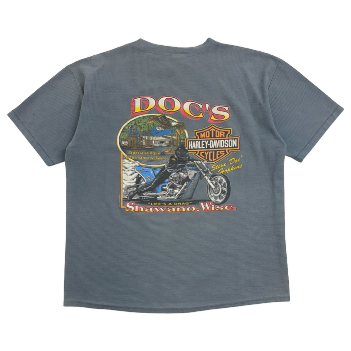 Vintage 1995 Harley Davidson Shawano Wisconsin Tee Faded Blue | Vitnage Clothing Store Canada