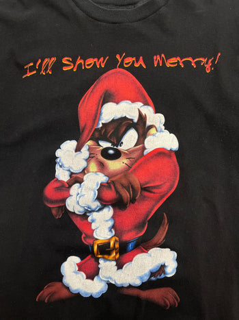 (M) Vintage 90s Looney Tunes Taz Xmas Tee Black