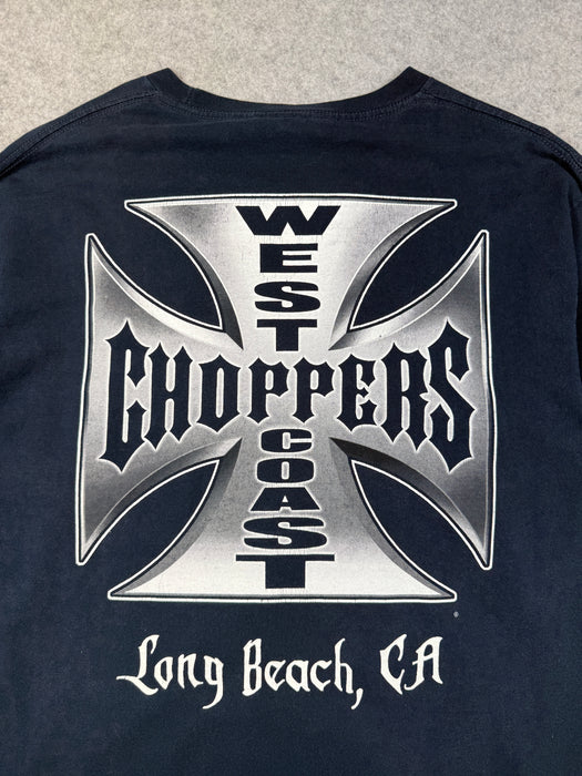 Vintage West Coast Choppers Script Sleeve Cross Logo L/S Tee Navy | Vitnage Clothing Store Canada