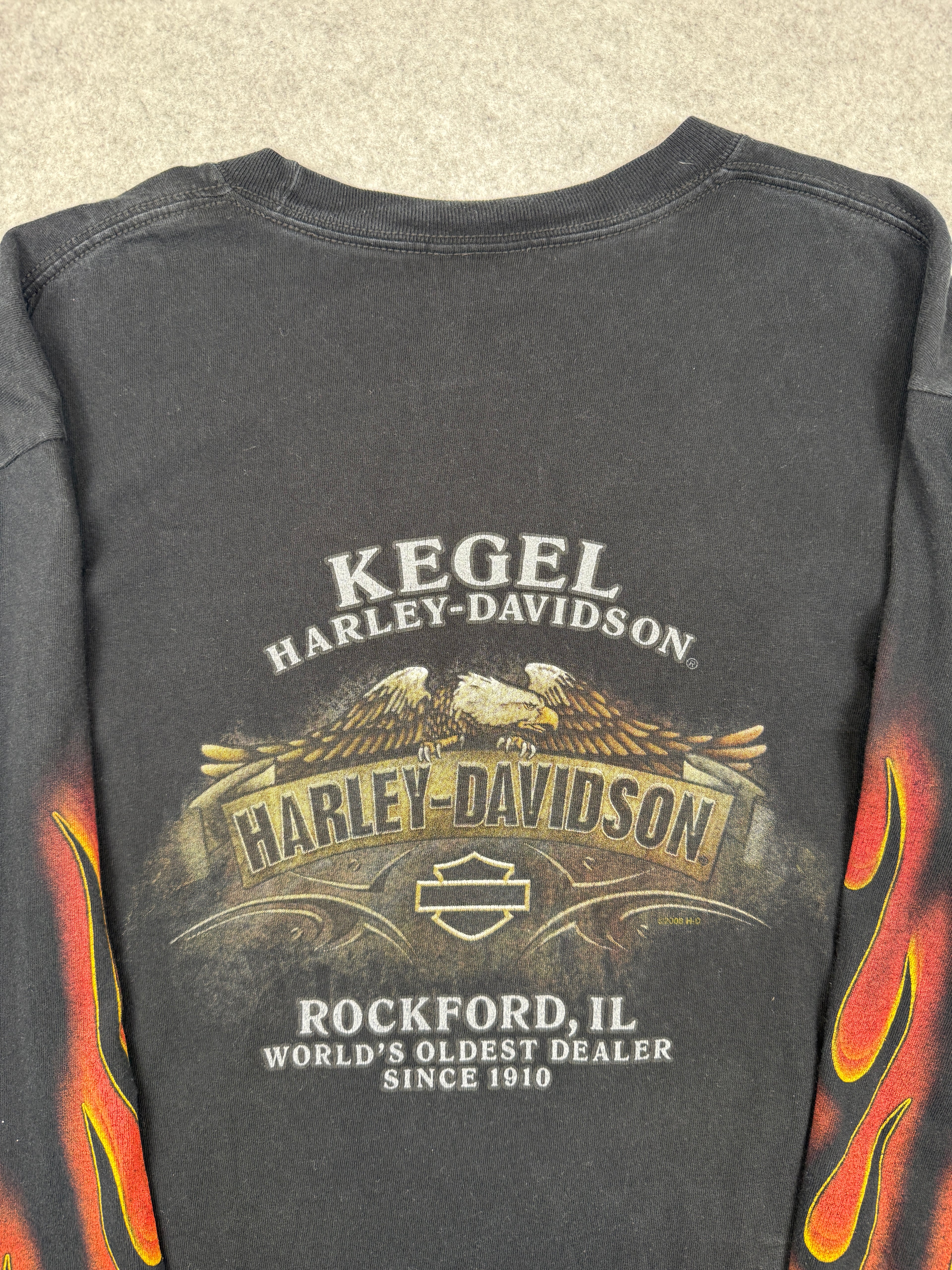 Vintage Harley Davidson Full Flame Sleeve Kegel L/S Tee Black
