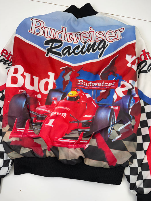 Vintage 90s Budweiser Racing Satin Bomber Jacket White | Vitnage Clothing Store Canada