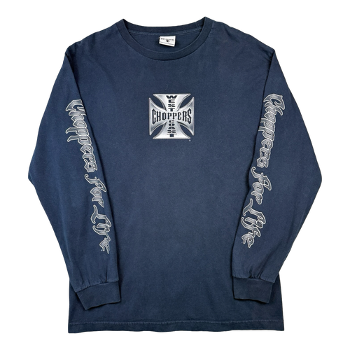 Vintage West Coast Choppers Script Sleeve Cross Logo L/S Tee Navy | Vintage Clothing Store Canada