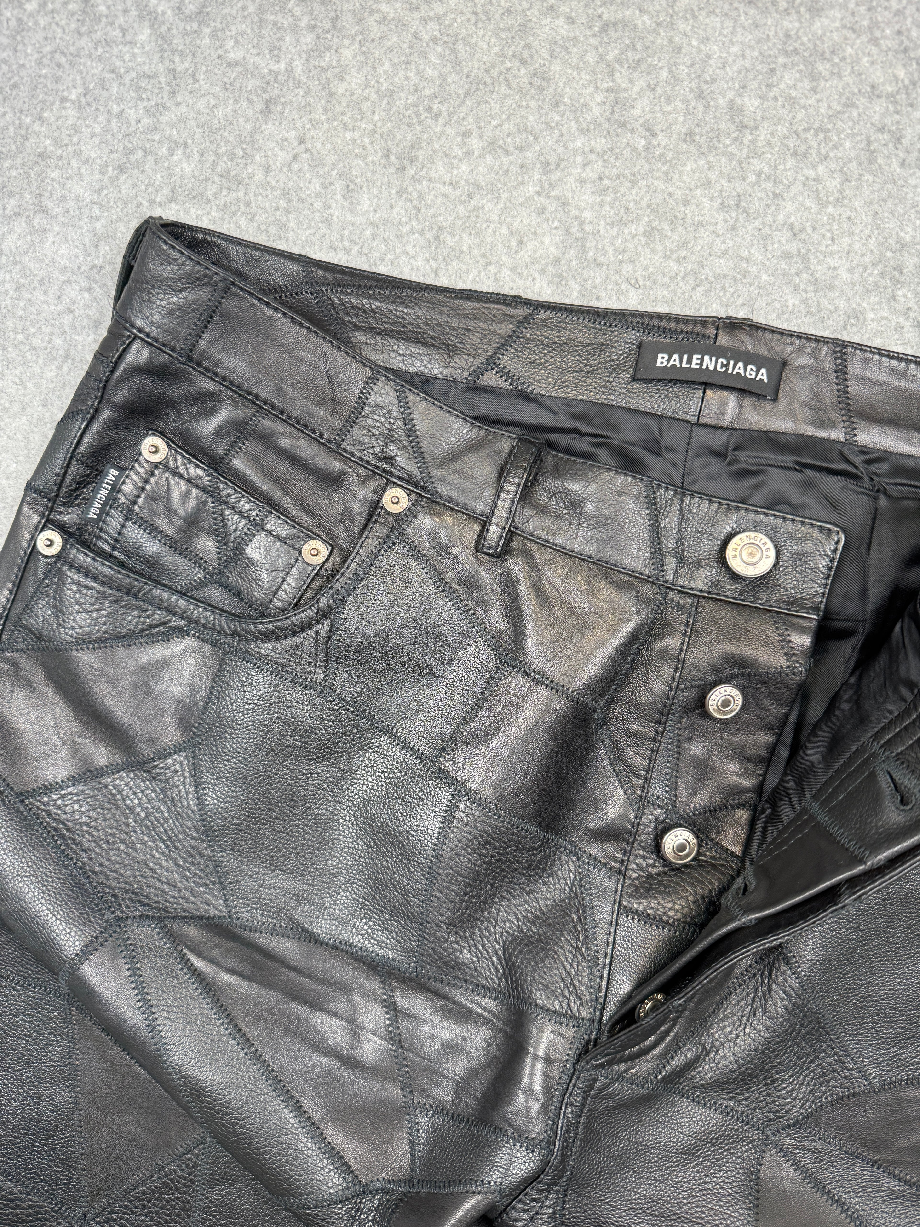 FA18 Balenciaga Patchwork Genuine Leather Pants Black