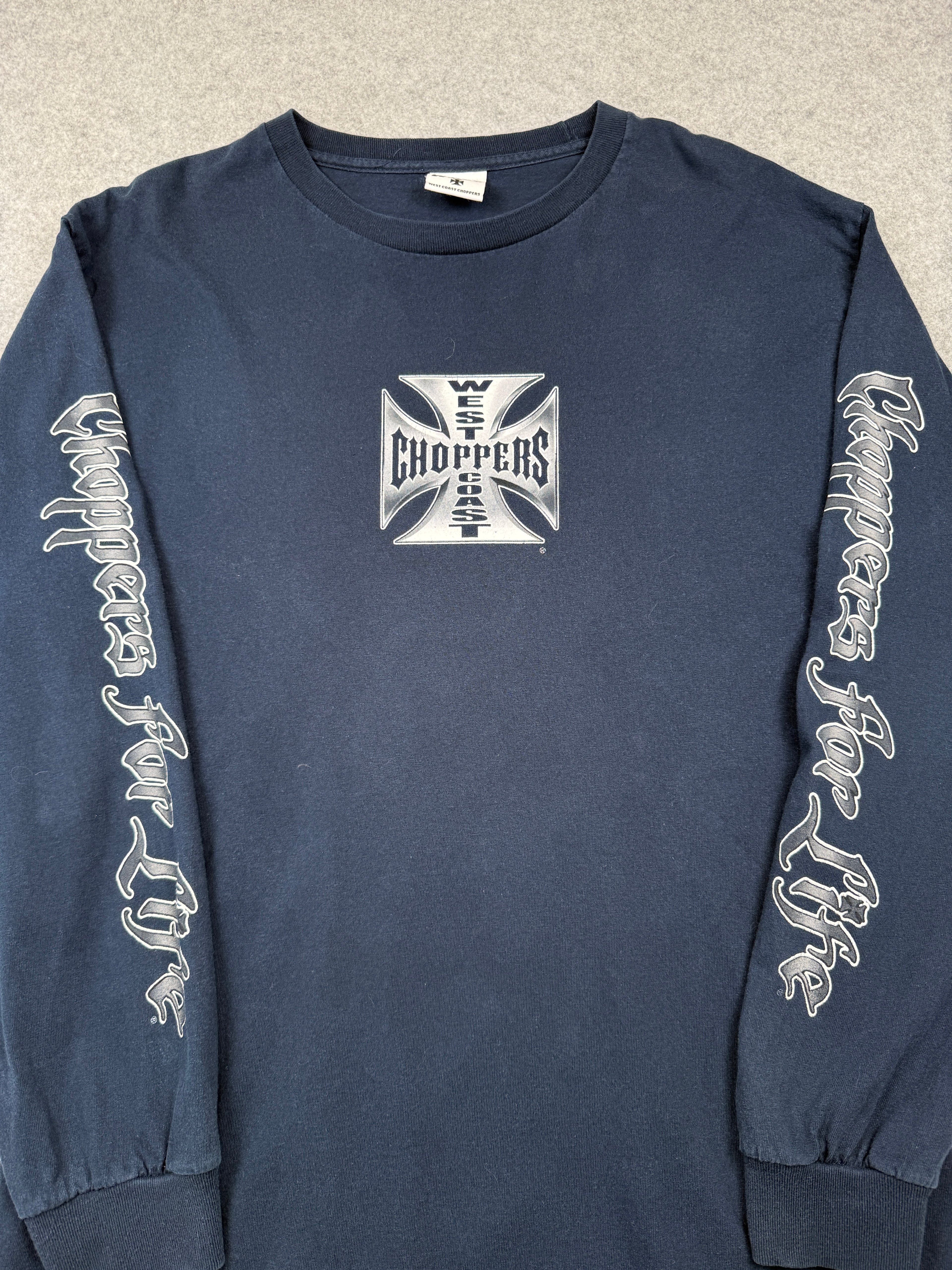 Vintage West Coast Choppers Script Sleeve Cross Logo L/S Tee Navy