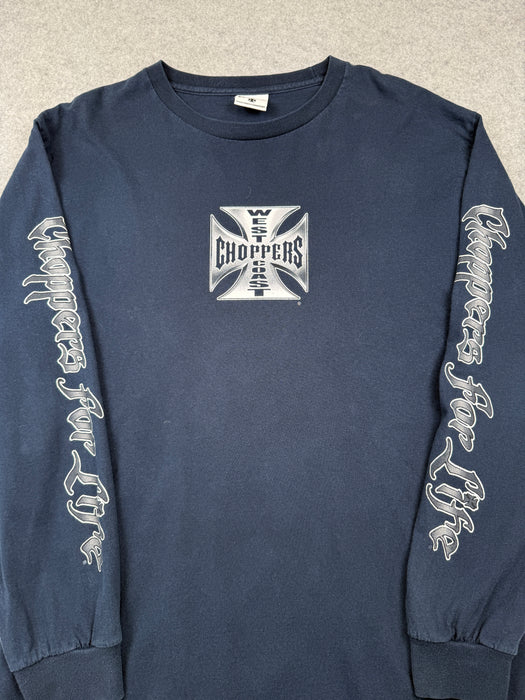 Vintage West Coast Choppers Script Sleeve Cross Logo L/S Tee Navy | Vitnage Clothing Store Canada