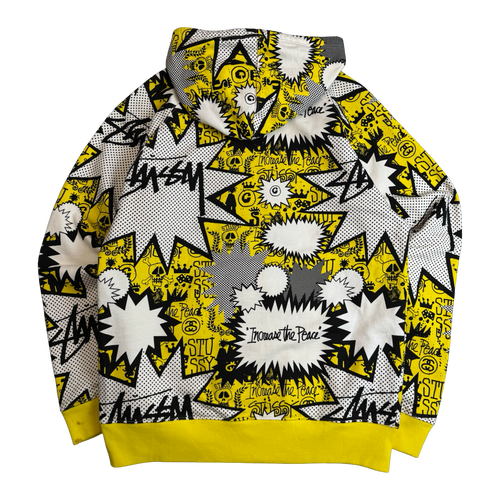 Stussy Vintage Comic AOP Zip Up Sweater White/Yellow (USED) | Vintage Clothing Store Canada