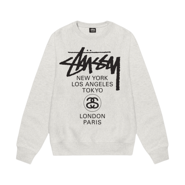 Stussy World Tour Crewneck Ash Heather | Vitnage Clothing Store Canada