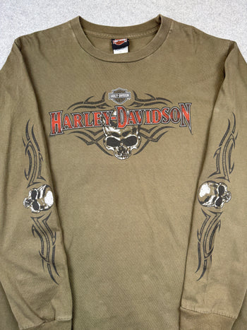 Vintage Harley Davidson Athens Skull Sleeve L/S Tee Olive