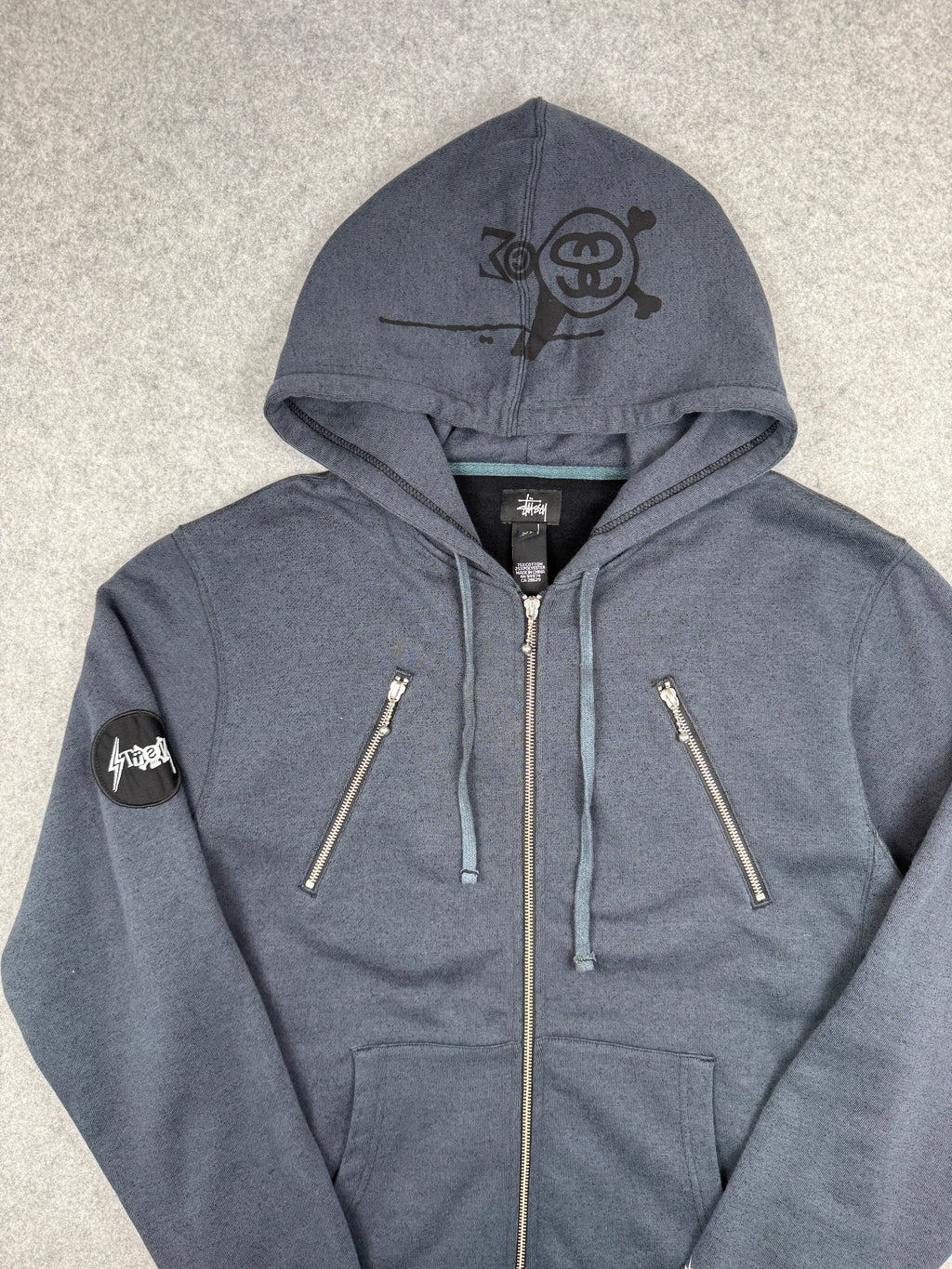 Vintage Stussy Hood Logo Zip Up Hoodie Charcoal