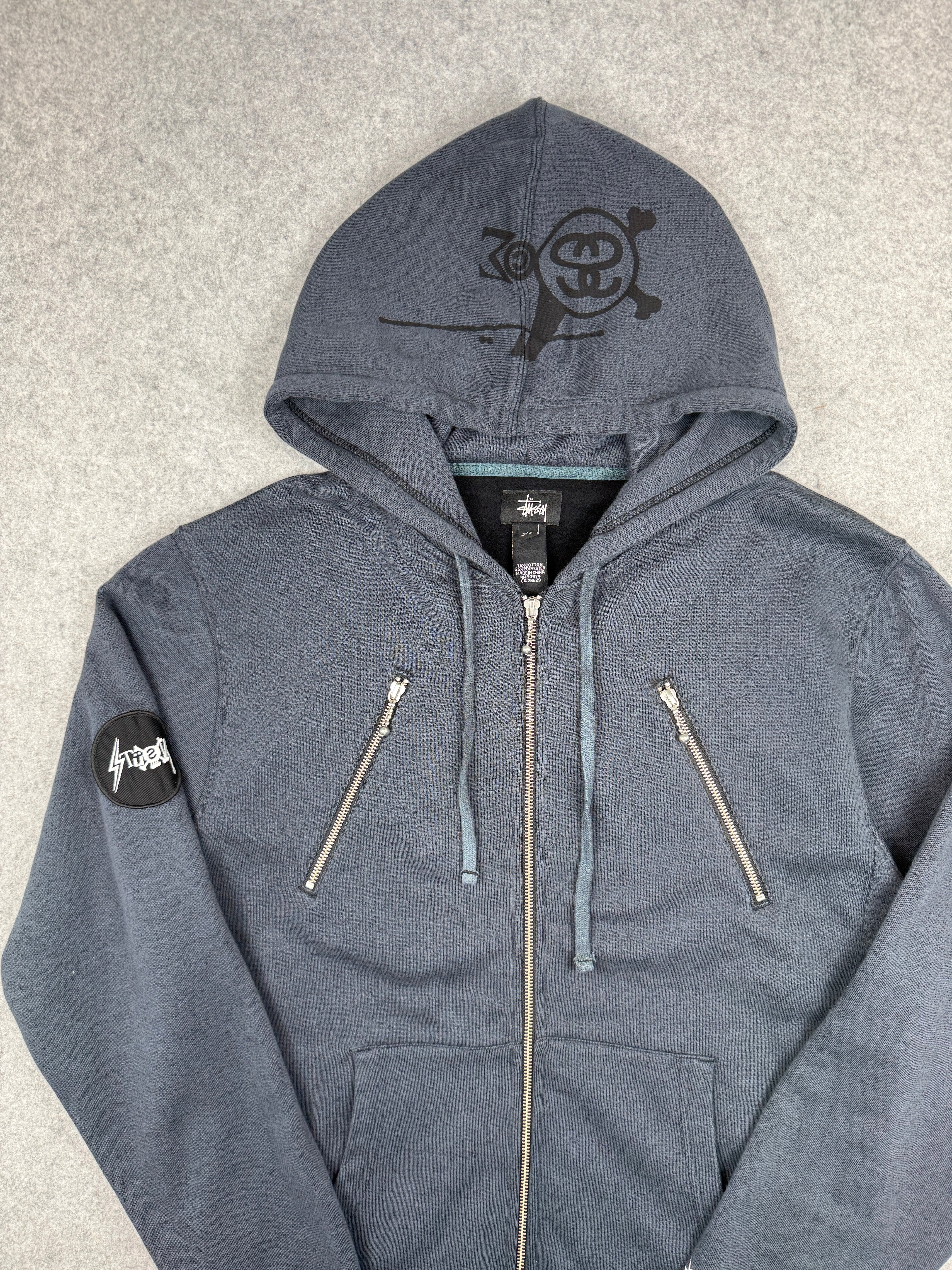 Vintage Stussy Hood Logo Zip Up Hoodie Charcoal