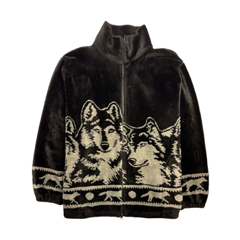 Vintage 90s Nature Fleece Wolf Zip-Up Black