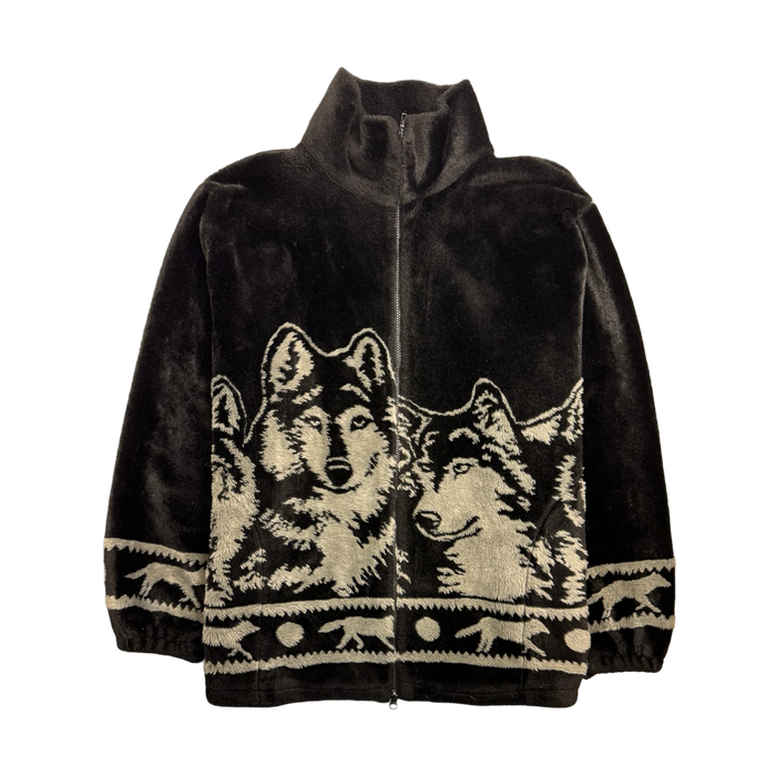 Vintage 90s Nature Fleece Wolf Zip-Up Black | Vitnage Clothing Store Canada