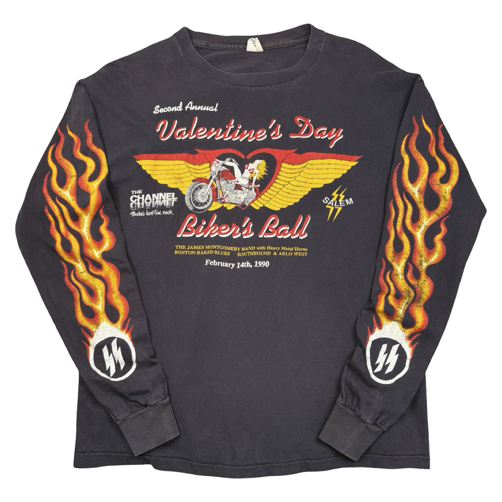 Vintage Biker Flame Sleeve Valentines Day L/S Tee Black