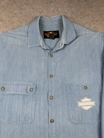 Vintage Harley Davidson Emblem Button Up Shirt Blue