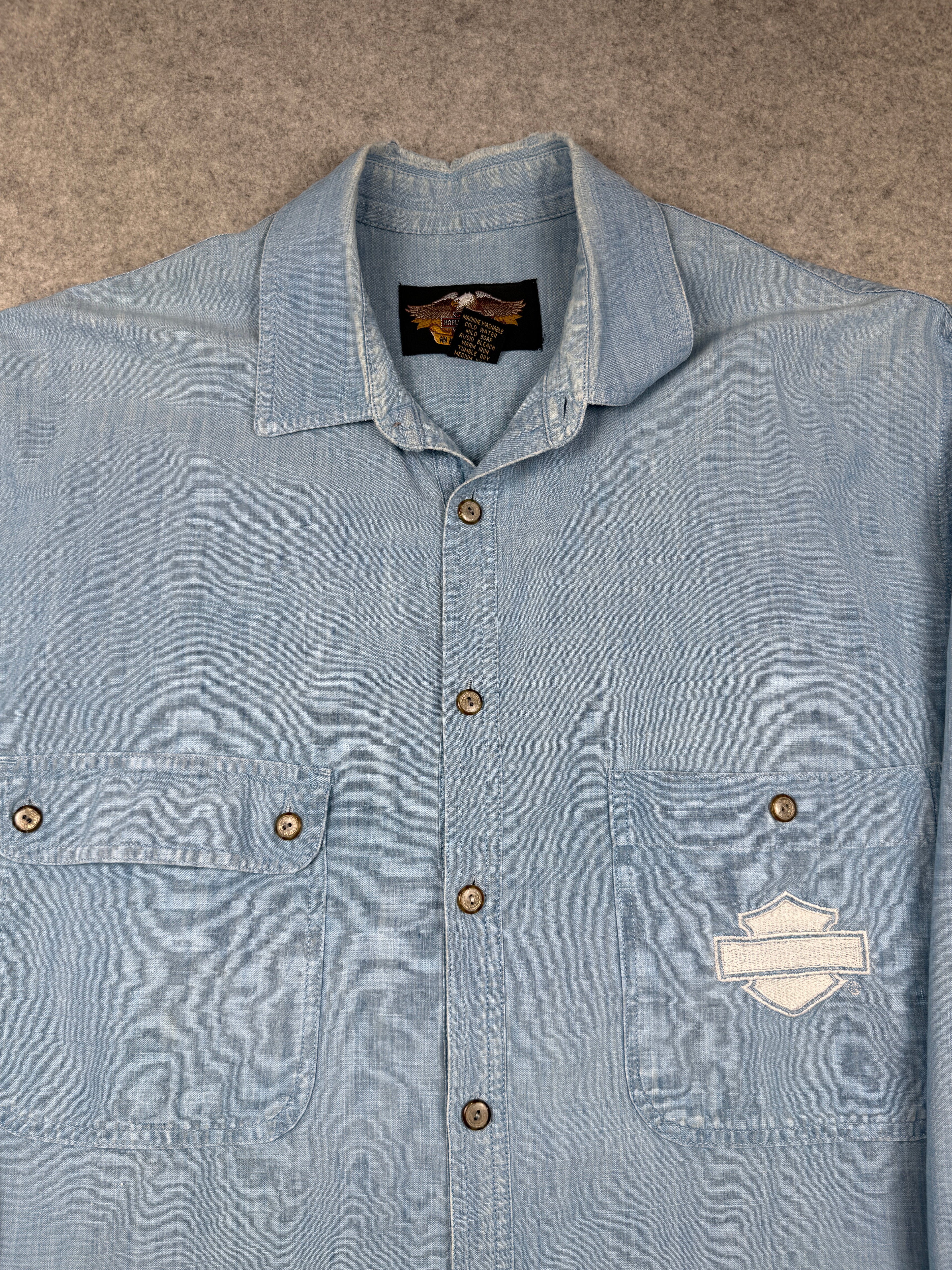 Vintage Harley Davidson Emblem Button Up Shirt Blue