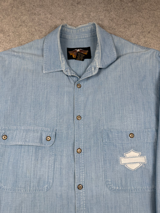 Vintage Harley Davidson Emblem Button Up Shirt Blue | Vitnage Clothing Store Canada