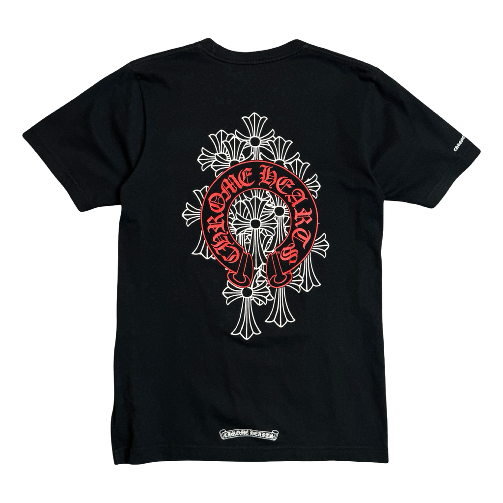 Chrome Hearts Red Horseshoe Cemetery Cross Pocket Tee Black
