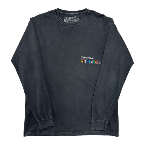 Travis Scott Astroworld Wish You Were Here Faded L/S Tee Black (USED) | Vintage Clothing Store Canada
