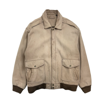 (XL) Vintage Leather Zip-Up Jacket Beige