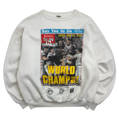 Vintage 1990's Toronto Blue Jays News Paper Sweatshirt White | Vintage Clothing Store Canada