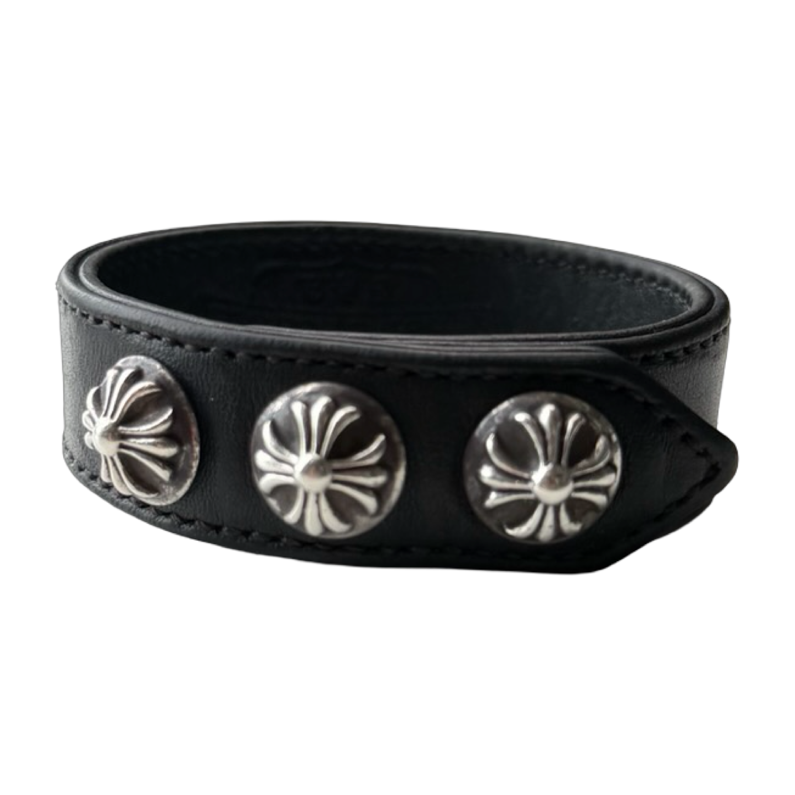 Chrome Hearts Black Leather Plus Ball Bracelet Adjustable