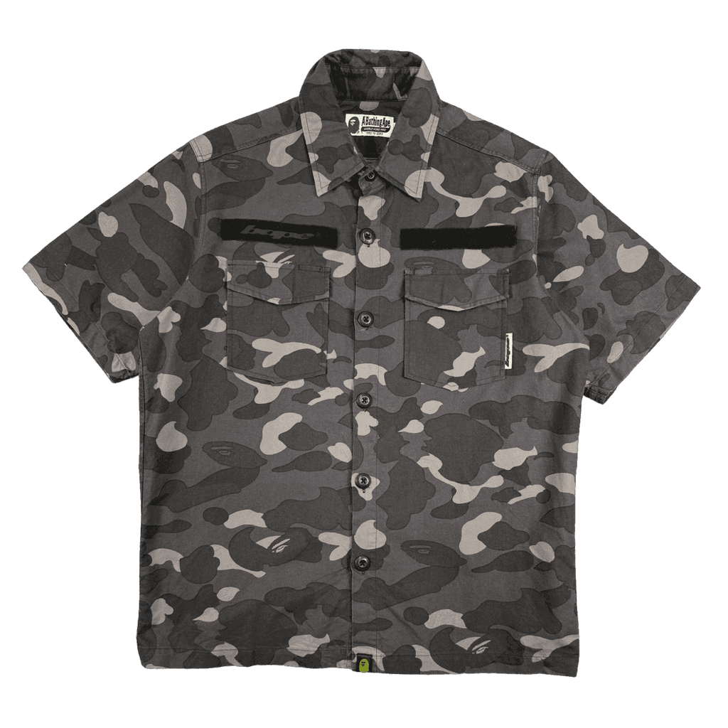 BAPE Desert Camo Velcro Logo Button Up Tee Black/Grey (USED)