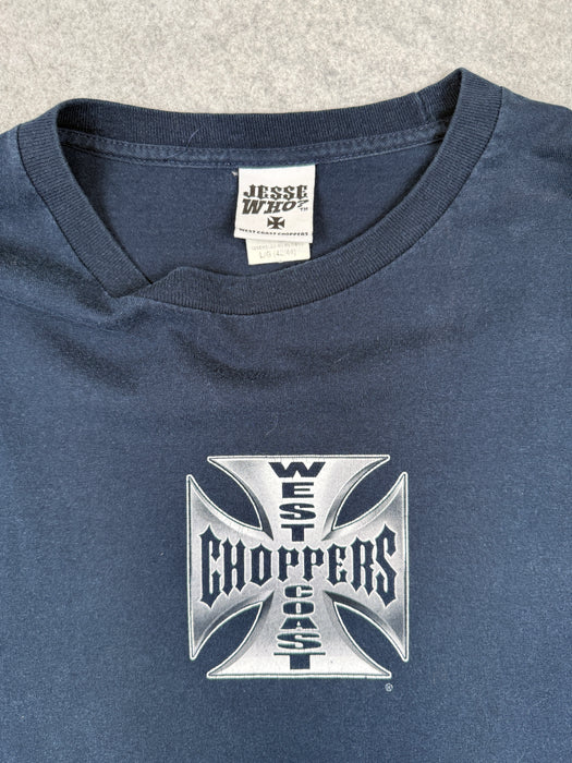Vintage West Coast Choppers Script Sleeve Cross Logo L/S Tee Navy | Vitnage Clothing Store Canada