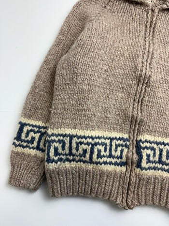 Vintage Cowichan Greek Key Pattern Knitted Zip Up Sweater
